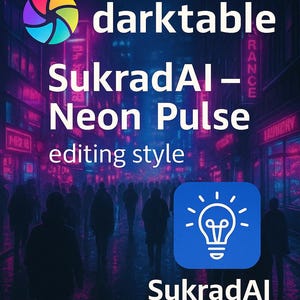May include: A digital art image with a dark, neon-lit cityscape background. The text "darktable SukradAI - Neon Pulse editing style" is displayed in white. A logo with a colorful, multi-colored design and a blue square with a lightbulb icon are also present.