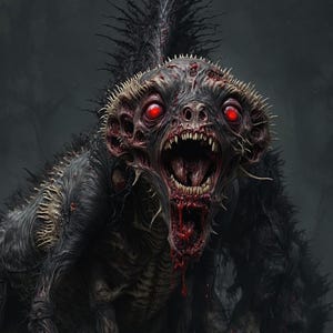 May include: A terrifying creature with red eyes and an open mouth, revealing sharp teeth and blood. The monster has dark fur and a spiky mohawk. The background is a dark, ominous forest.