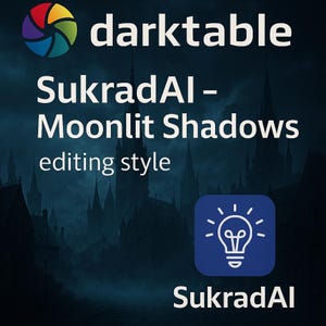 May include: Image promoting Darktable's SukradAI - Moonlit Shadows editing style. The image features the Darktable logo, text, and a blue square with a lightbulb icon. The background is a dark, atmospheric scene with castle silhouettes.