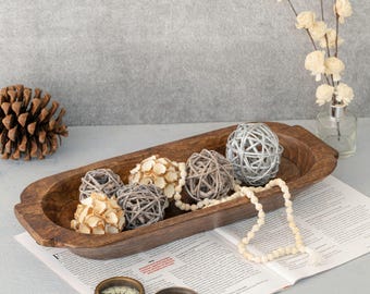 Wooden 16'' Dough Bowl for Decor, Large Table Centerpiece Rustic Dough Bowls, Handmade Long Wood Bowl, Thanksgiving Christmas Decorations