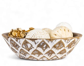 Farmhouse 10'' Decorative Wooden Bowl, Wood Serving Bowl for Fruits, Salad, Snacks, Popcorn, Rustic Centerpiece Decor- 10x3 inch Whitewash