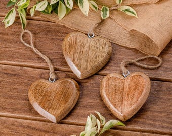Set of 3 Rustic Wooden Heart Ornaments, Valentine's Day Decorations, Love Gifts for Him, Her | Farmhouse 4 inch Wood Hearts Wall Decor