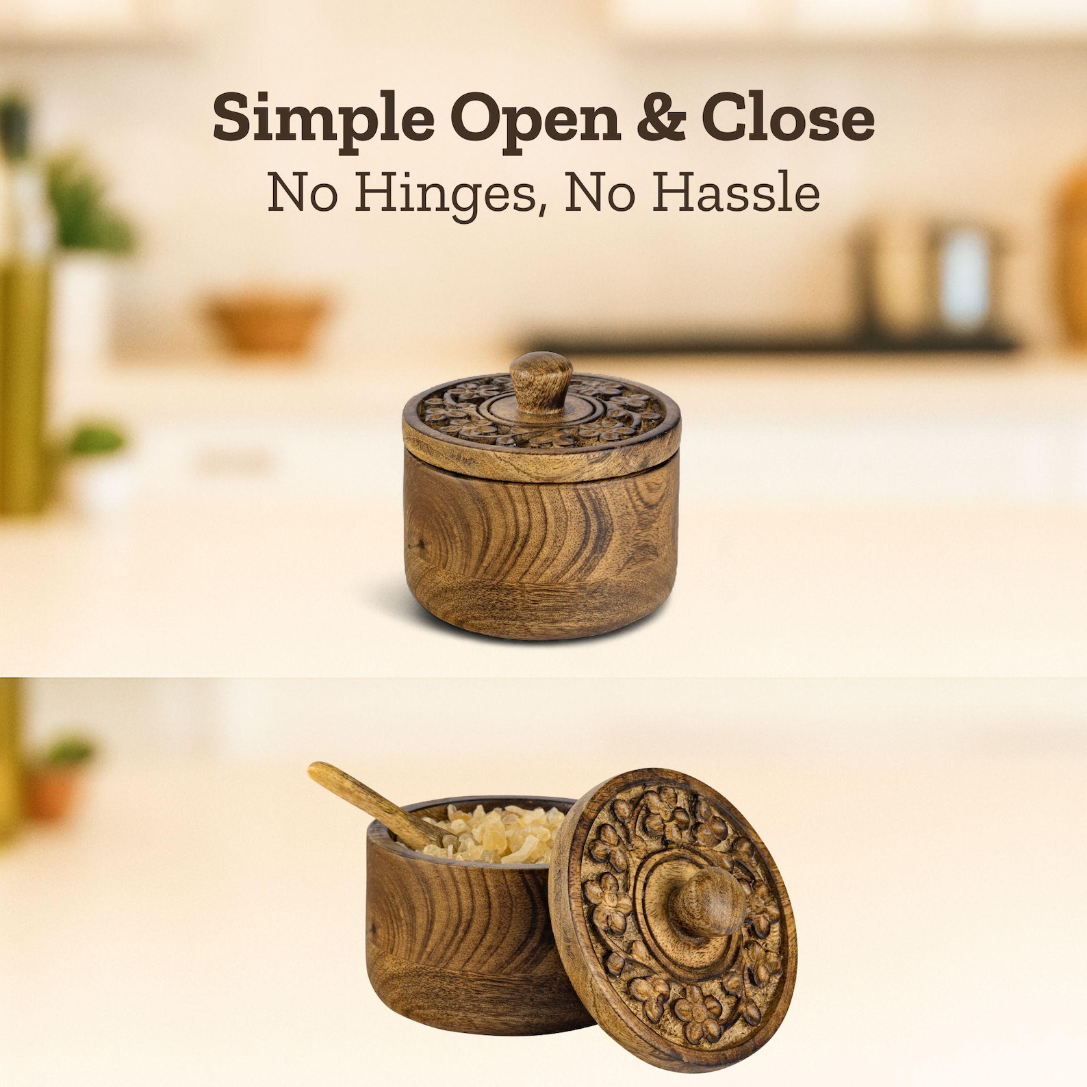 Wooden Salt Bowl with Lid & Spoon