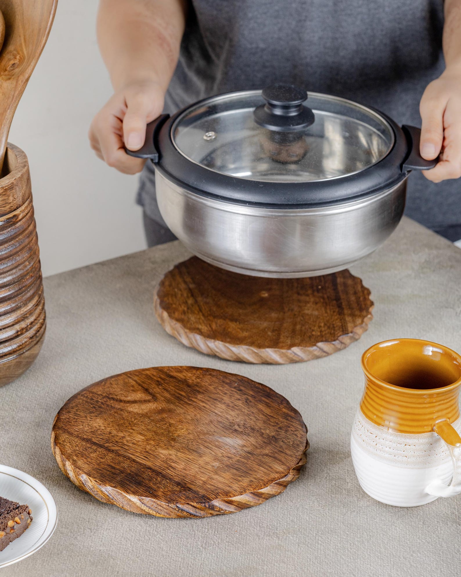 Handmade Wooden Trivets for Hot Dishes, Pots, Teapot and Pans (Set of 2) | 8'' Round Dining Table & Kitchen Decorative Trivets- Edge Design