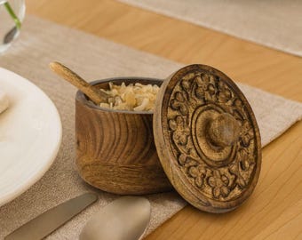 Rustic Salt Box Cellar with Hand Carved Lid & Spoon, Wooden Salt Pinch Bowls | Wood Salt Pepper Keeper, Spice, Sugar Bowls for Kitchen