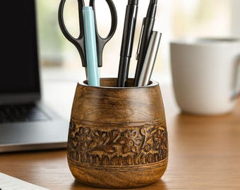 Handcarved Wooden Pencil Holder for Desk | Wood Pen Stand, Office Desktop Stationery, Floral Make Up Brush Organizer- 4'' Rustic Brown