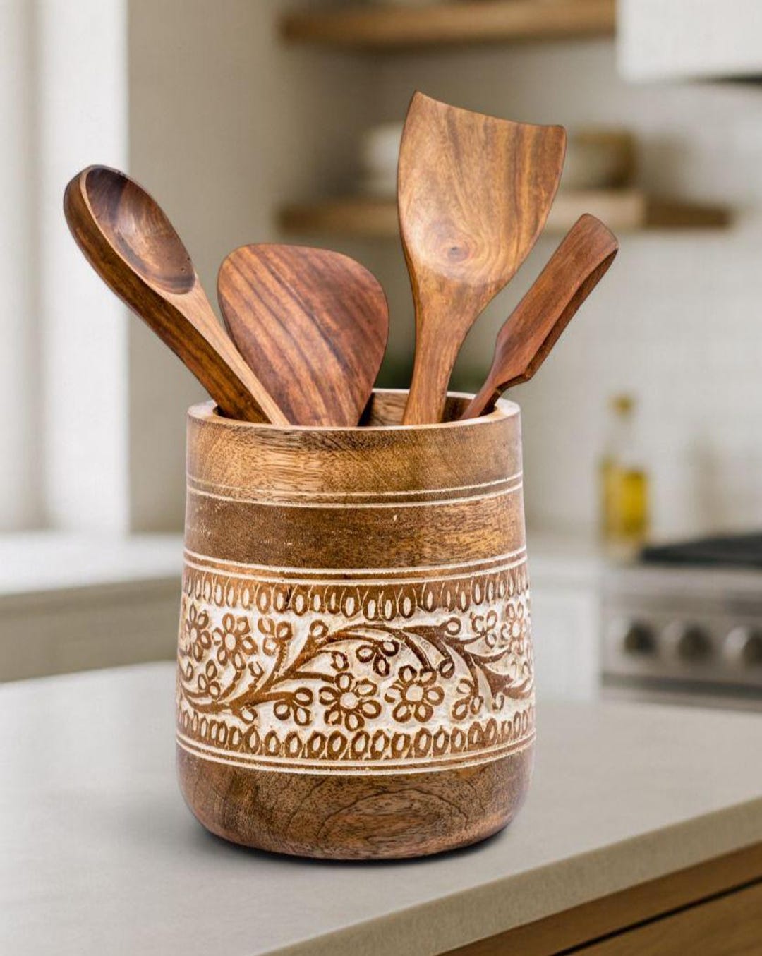 Farmhouse 7'' Large Utensil Holder for Kitchen Counter | Handcrafted Wooden Utensils Crock Spatula Organizer- White Floral Handcarving