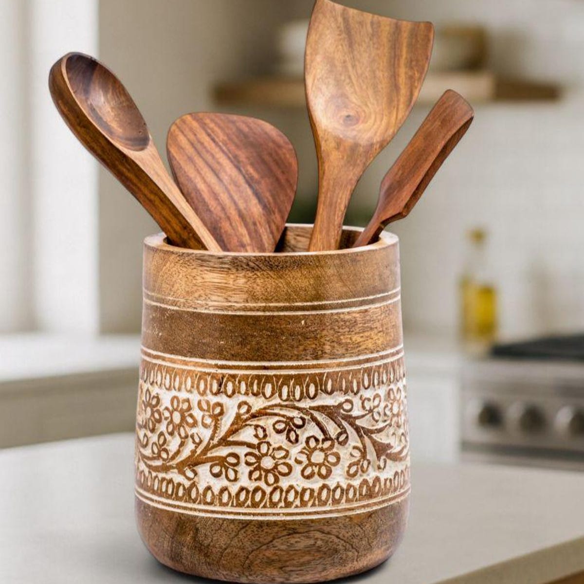 Farmhouse 7'' Large Utensil Holder for Kitchen Counter | Handcrafted Wooden Utensils Crock Spatula Organizer- White Floral Handcarving - Etsy