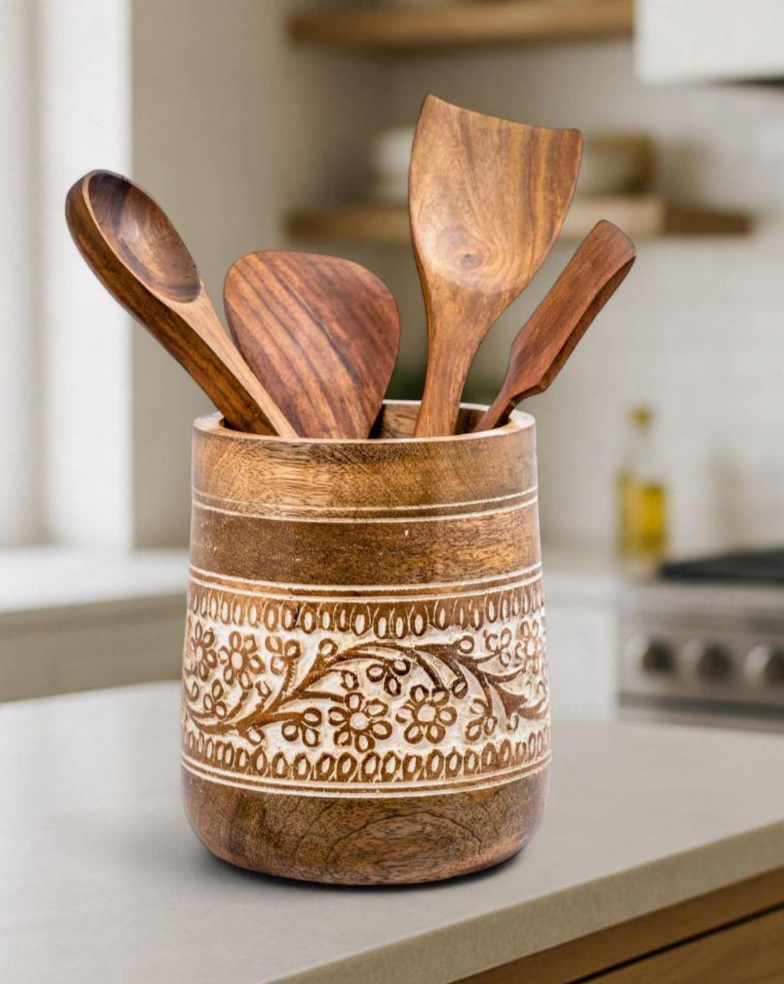 Farmhouse 7'' Large Utensil Holder for Kitchen Counter | Handcrafted Wooden Utensils Crock Spatula Organizer- White Floral Handcarving