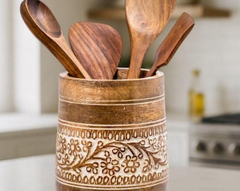 Farmhouse 7'' Large Utensil Holder for Kitchen Counter | Handcrafted Wooden Utensils Crock Spatula Organizer- White Floral Handcarving