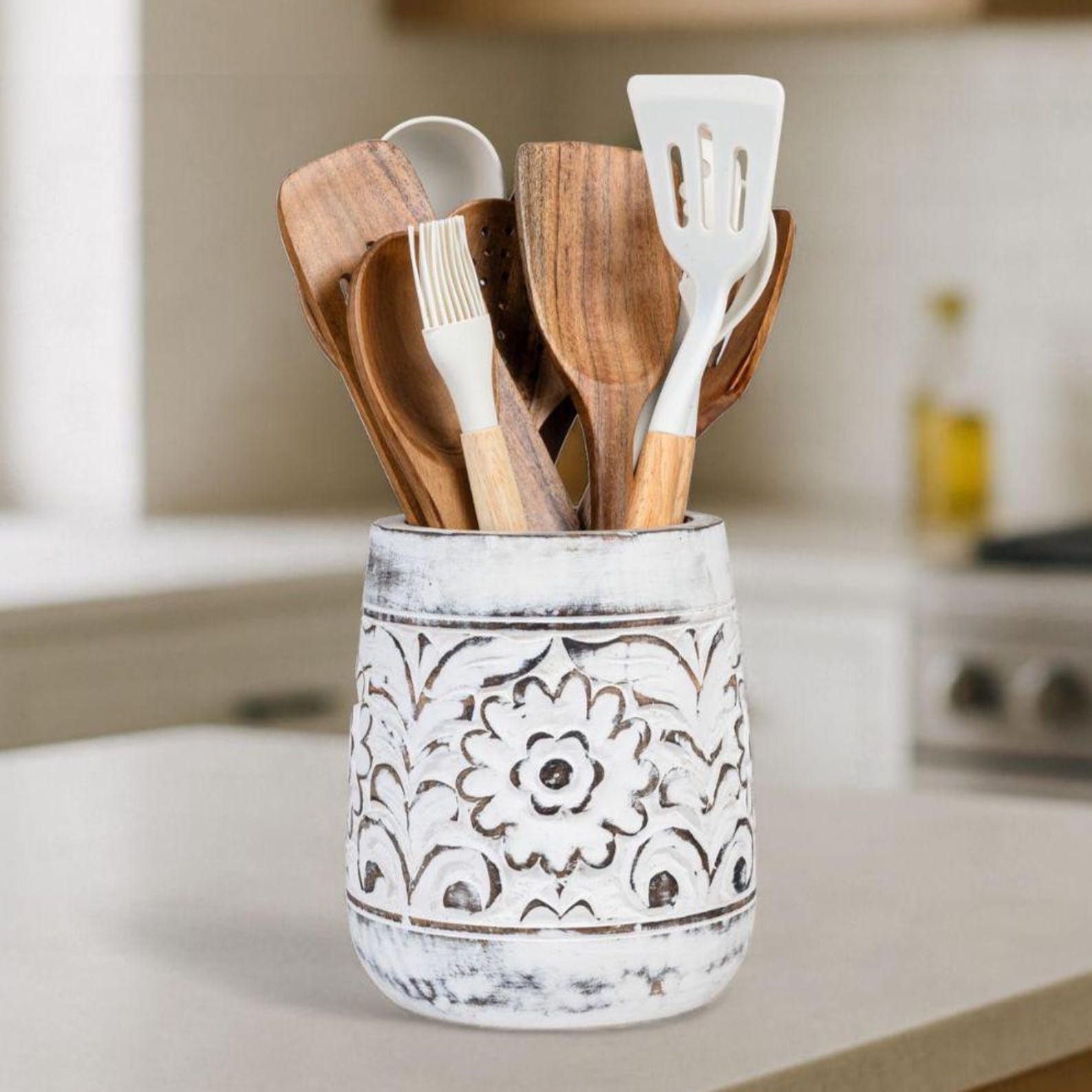 Farmhouse 7'' Large Utensil Holder for Kitchen Counter, Handcarved Floral Wooden Utensils Crock, Decorative Vintage Utensil Organizer- White