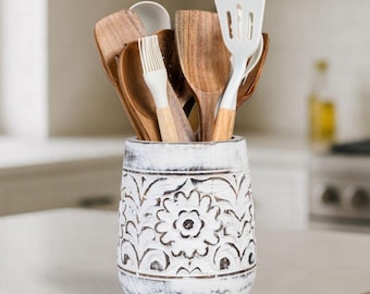 Farmhouse 7'' Large Utensil Holder for Kitchen Counter, Handcarved Floral Wooden Utensils Crock, Decorative Vintage Utensil Organizer- White