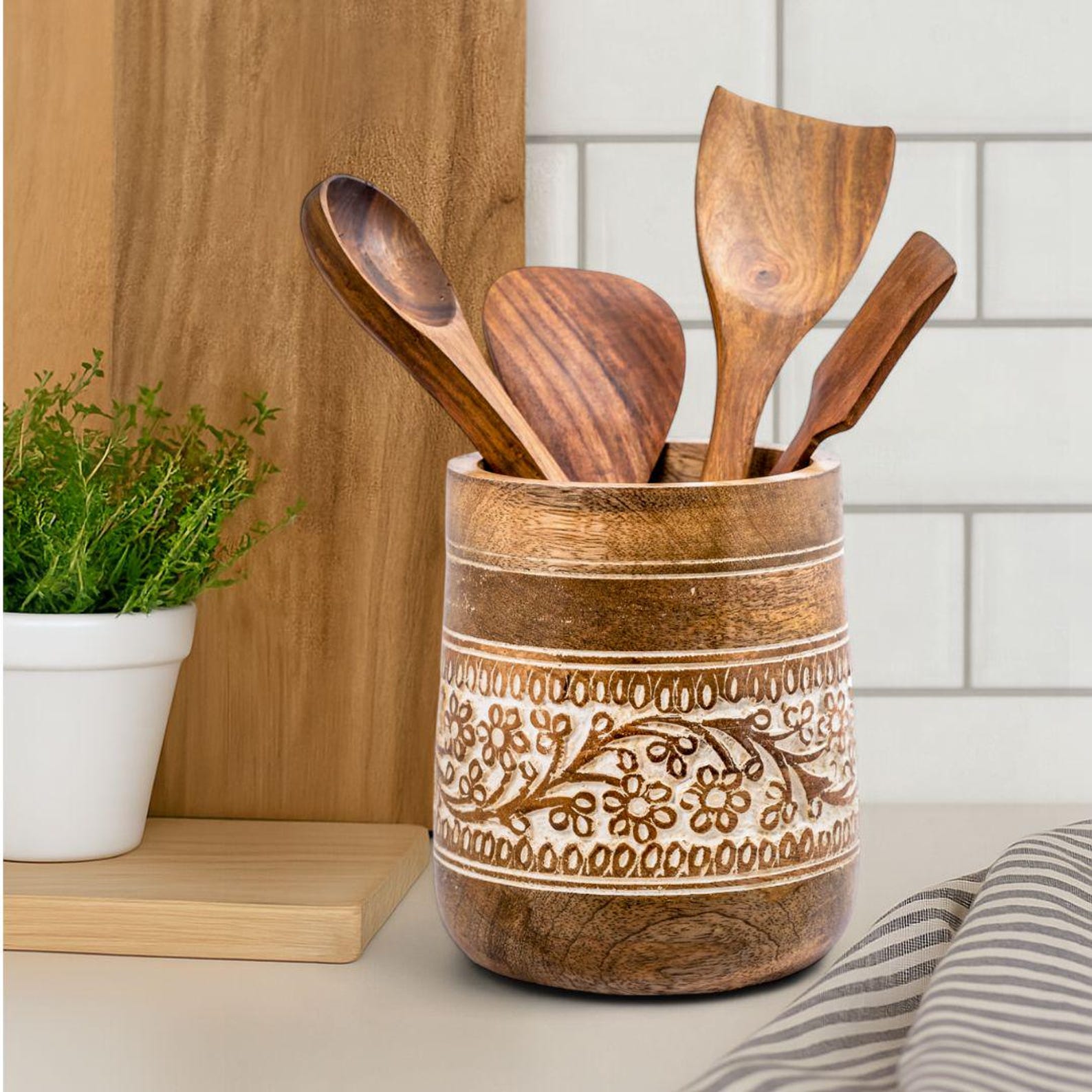 Farmhouse 7'' Large Utensil Holder for Kitchen Counter | Handcrafted Wooden Utensils Crock Spatula Organizer- White Floral Handcarving