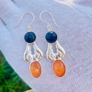 Sterling Silver Lapis Carnelian Earrings: Boho Chic Gemstone Dangle | Gift for Wife