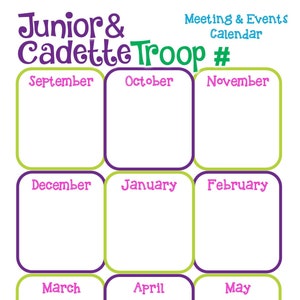 Calendário anual de escoteiras cadetes juniores - Edição de tropa - Modelo PDF personalizável para impressão - Download