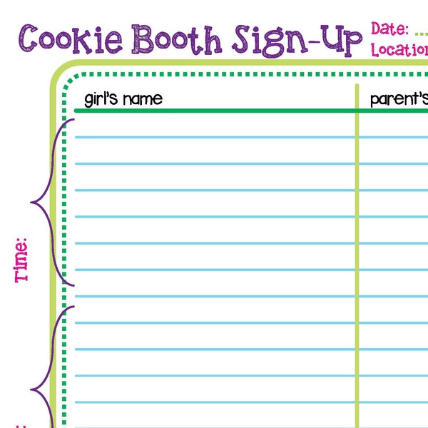 Cookie Booth Sign Up Sheet Girl Scout Printable PDF Template *Edit with basic Adobe Reader*