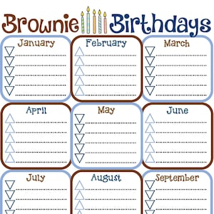 Brownie Girl Scout Birthday Calendar Troop Fillable Edit Customize Printable PDF Template