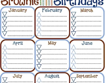 Brownie Girl Scout Birthday Calendar Troop Fillable Edit Customize Printable PDF Template