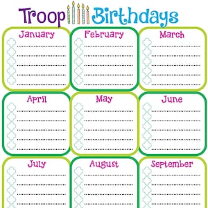 Troop Birthday Calendar Girl Scouts Fillable Customize Edit Printable PDF Template Cookie
