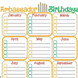 Ambassador Birthday Calendar Girl Scouts Editable Printable PDF Template