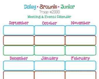 Calendario anual multinivel de Girl Scout Daisy Brownie Junior Plantilla PDF rellenable e imprimible