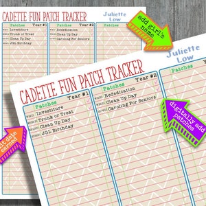 Puede incluir: Un gráfico imprimible para hacer un seguimiento de las insignias divertidas de las Cadetes de las Girl Scouts. El gráfico está dividido en tres secciones para cada año de las Cadetes de las Girl Scouts. Cada sección tiene una lista de insignias para ganar y una casilla de verificación para marcar cuando se gana la insignia. El gráfico se titula "Cadette Fun Patch Tracker".