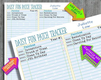 Lista de verificación del seguimiento de parches divertidos de Daisy Girl Scouts, cuadro rellenable, editable, imprimible, PDF, descarga