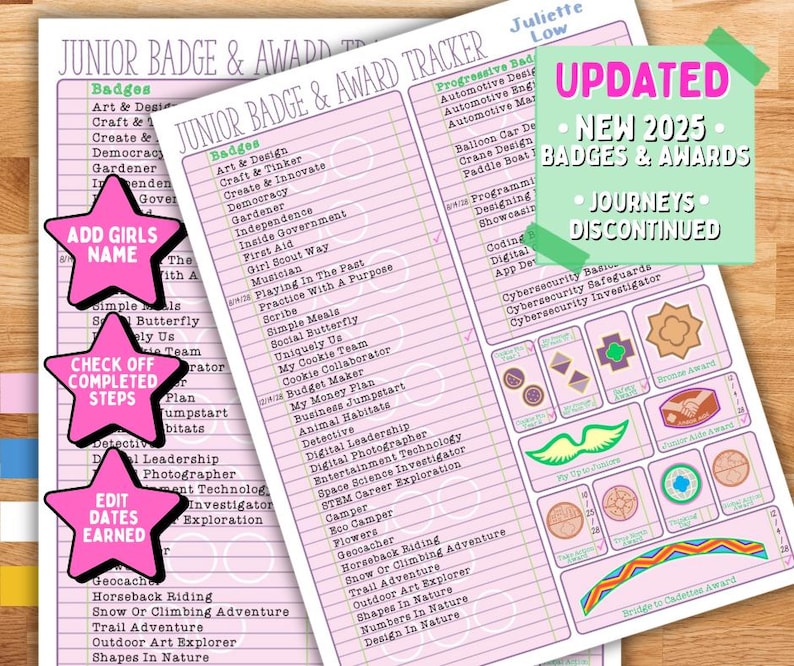 May include: Pink Junior Badge & Award Tracker with a list of badges and awards. Includes text that says "Updated New 2025 Badges & Awards Journeys Discontinued". Includes prompts to add a girl's name, check off completed steps, and edit dates earned.