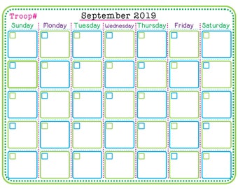 Calendario de tropa de Girl Scouts Planificador diario mensual Imprimible completo Rellenable Personalizar Editar
