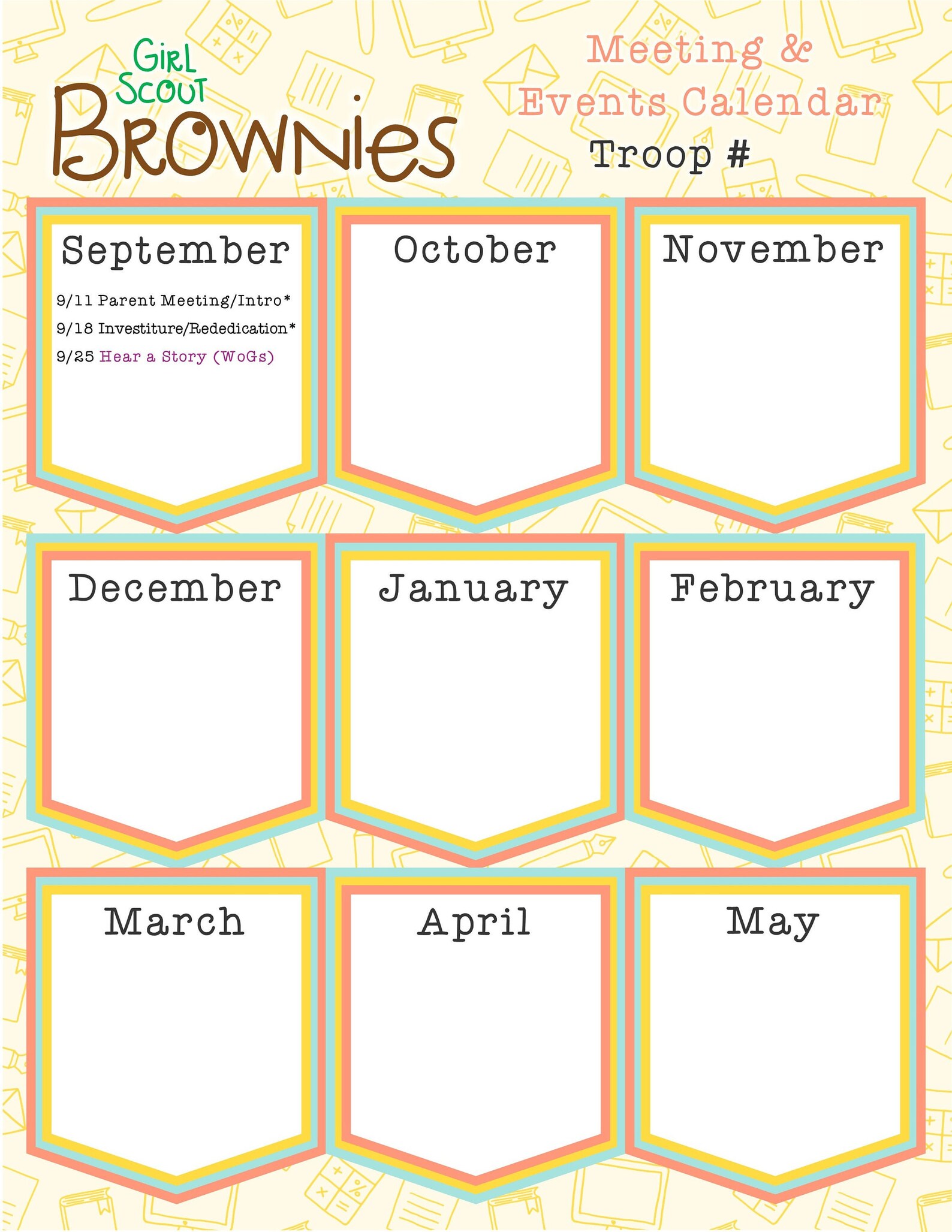 Brownie Girl Scout Yearly Troop Calendar Fillable Edit Etsy España