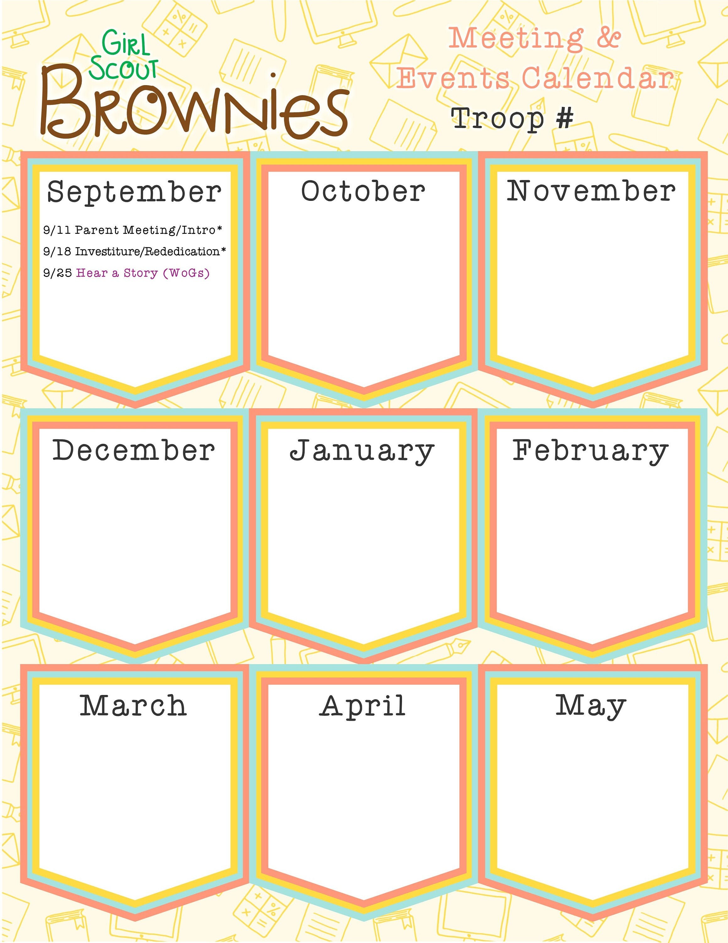 Brownie Girl Scout Yearly Troop Calendar Fillable Edit Customize Printable  PDF Template - Etsy