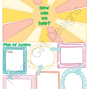 May include: A yellow and pink sun with rays, with the text "How can we help?" inside. Below the sun is a plan of action with five blank frames, each with a different border design. The frames are connected by arrows.