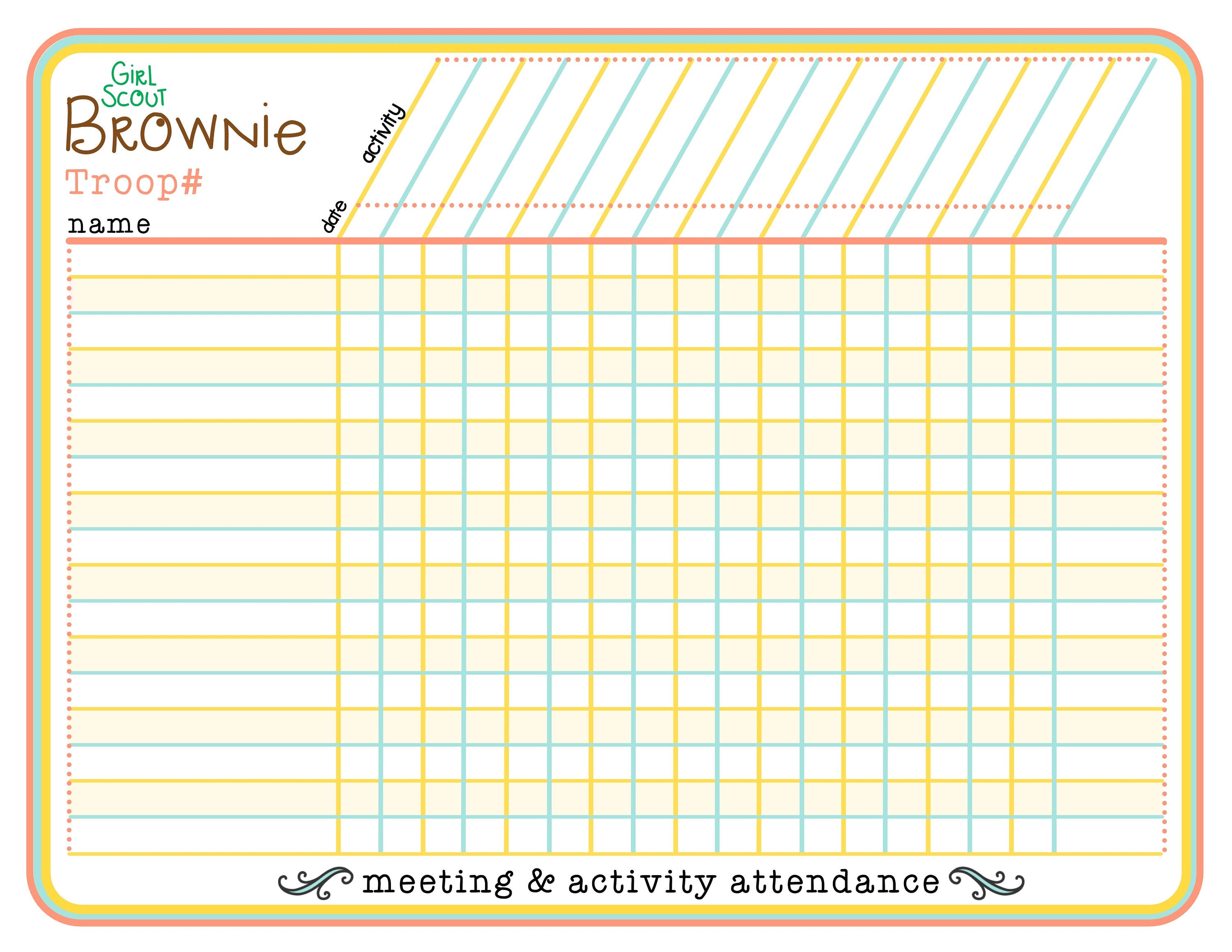 brownie girl scout meeting activity attendance name fillable etsy