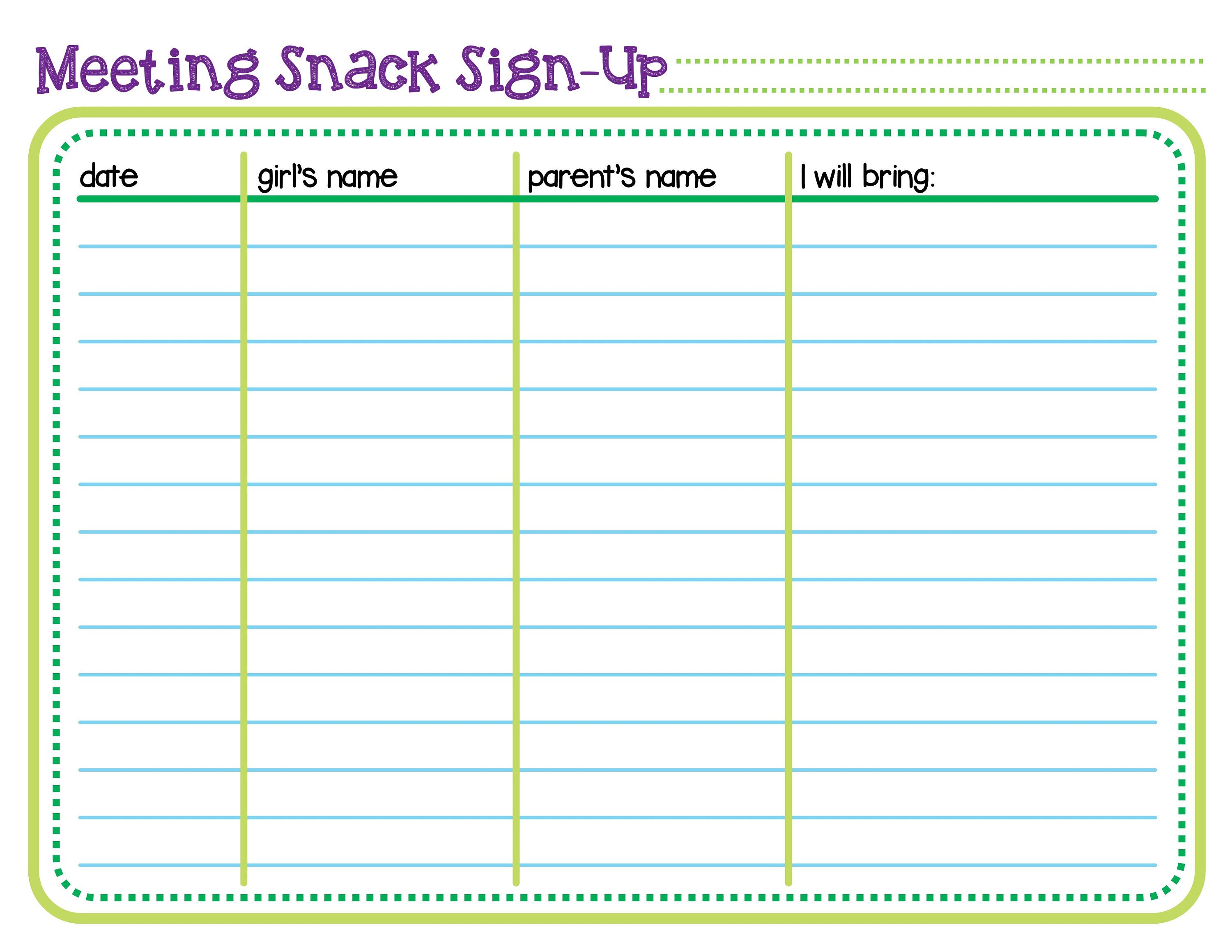 Free Printable Snack Sign Up Sheet Printable Form, Templates and Letter