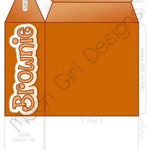 May include: Printable template for a brownie party box. The box is brown with the word "Brownie" in a white and orange font. The template includes instructions for folding and gluing the box together.
