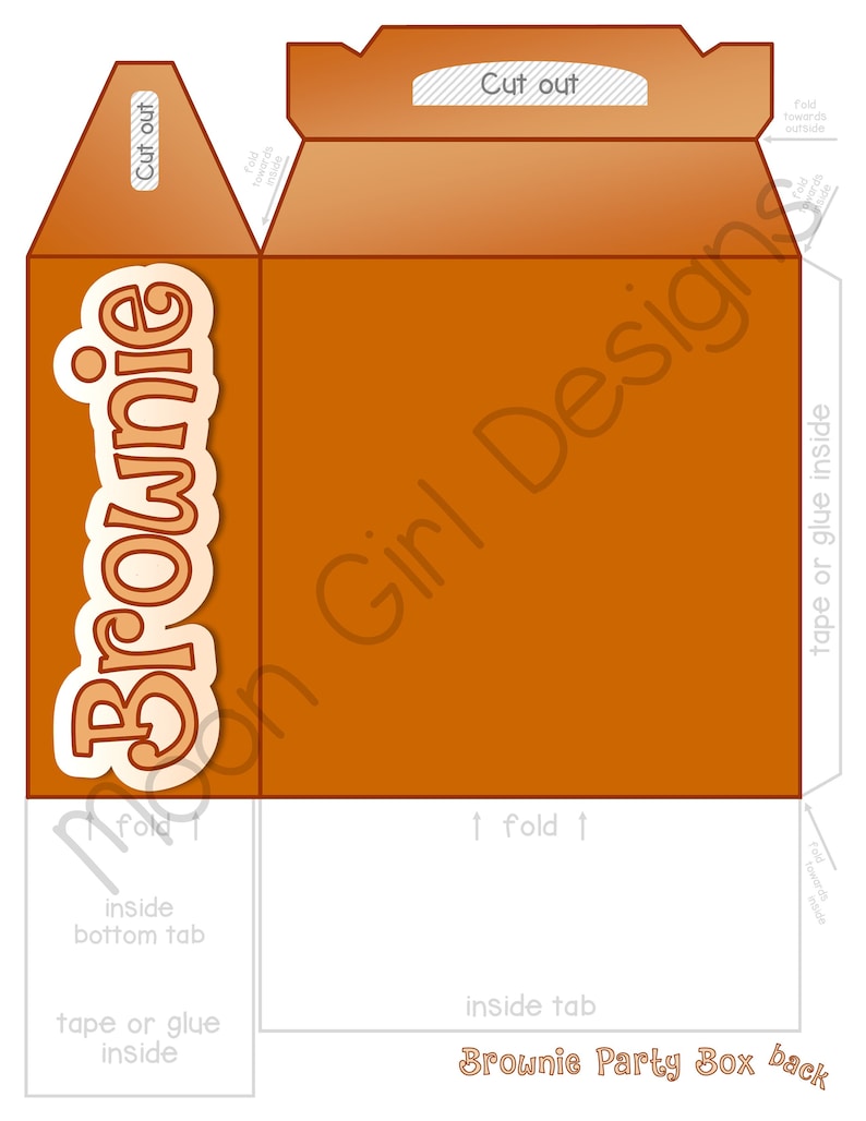 May include: Printable template for a brownie party box. The box is brown with the word "Brownie" in a white and orange font. The template includes instructions for folding and gluing the box together.