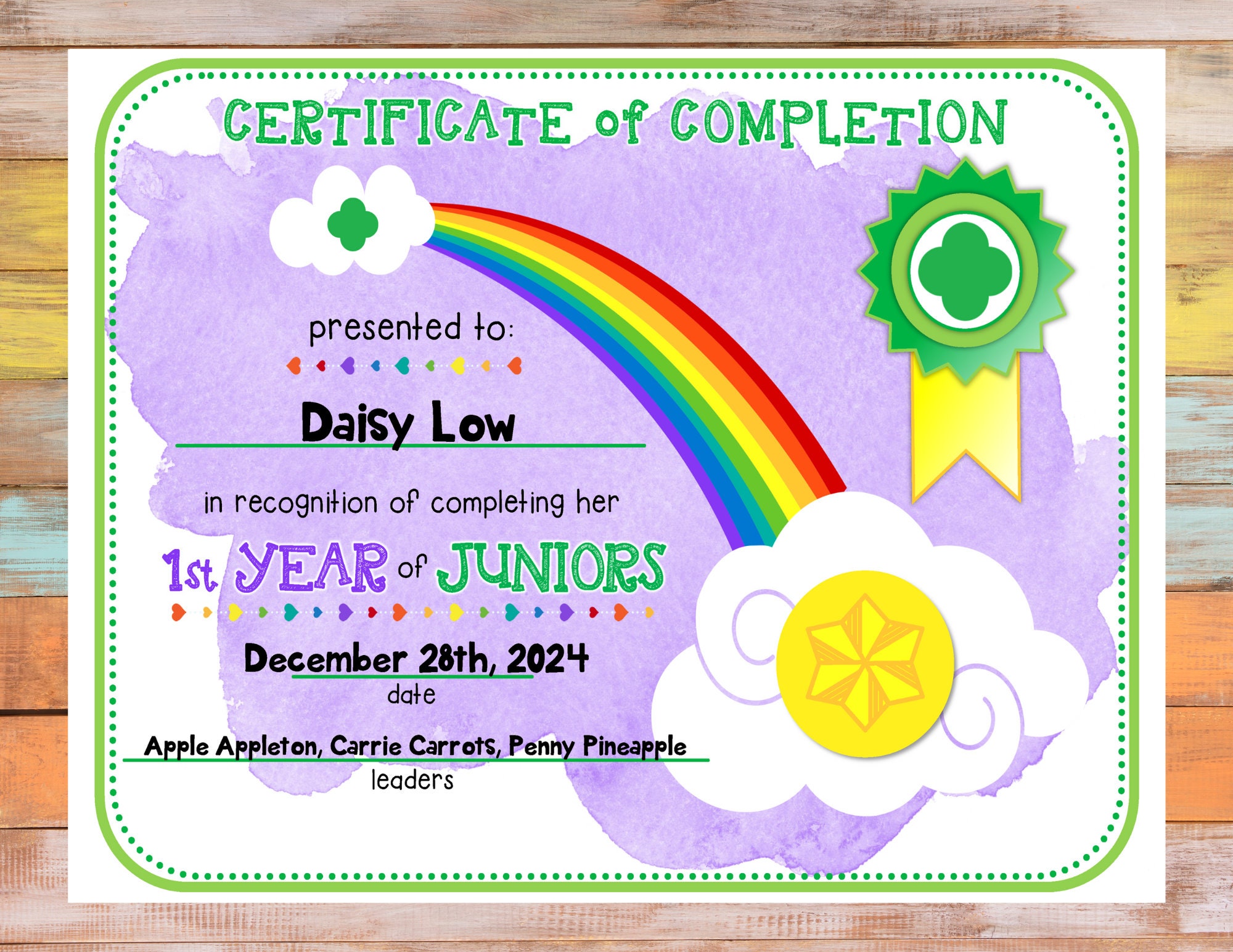 1st Year Junior Girl Scout Completion Certificate Fillable Edit Customize Template Printable PDF Download