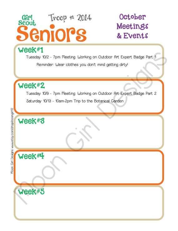 Senior Monthly Activity Calendar Girl Scouts Editable Etsy