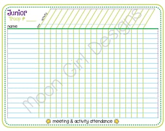 Junior Girl Scout Meeting Activity Attendance Roster Tracker Fillable Edit Customize Blank Sign-in Template PDF Printable