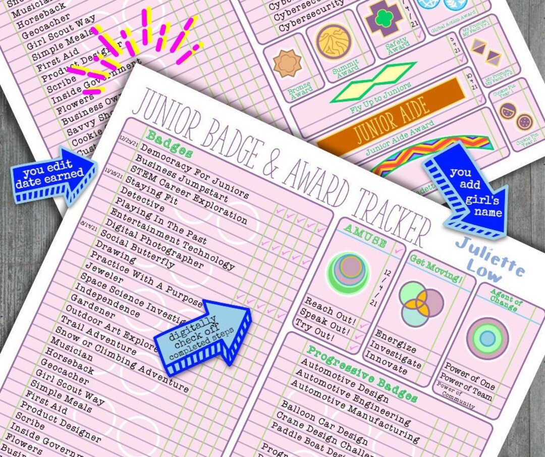 Junior Girl Scout Badge Award Tracker Checklist Badges Chart Fillable ...