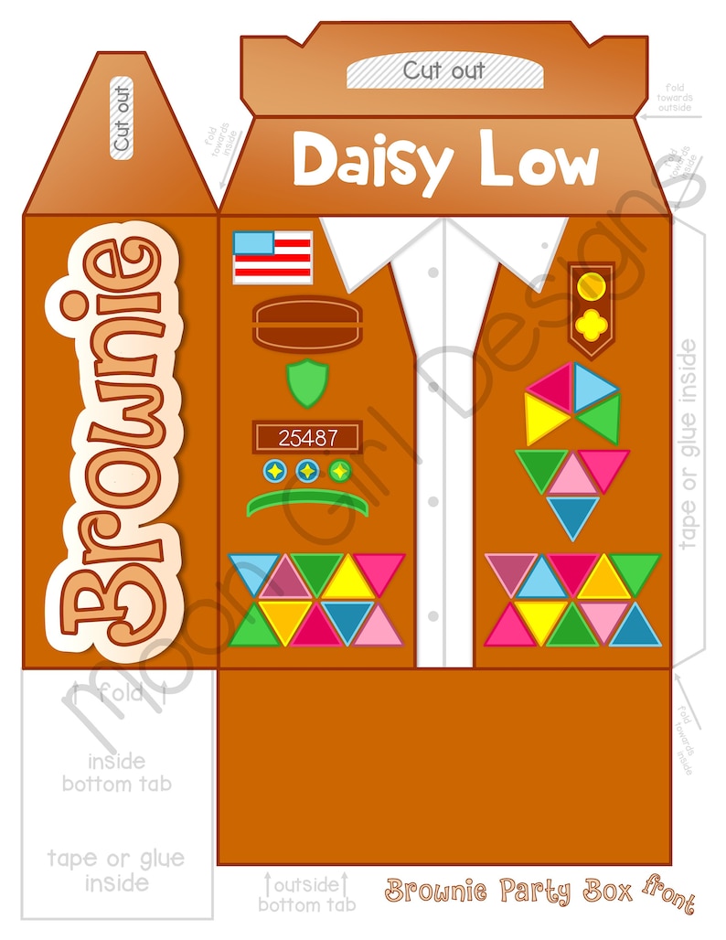 May include: Printable template for a Brownie Party Box. The box is brown with a white shirt and vest design. The vest has a green shield, a gold star, and the text "Daisy Low".