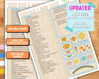 Girl Scout Senior *ACTUALIZACIÓN 2025-2026* Nueva versión Lista de verificación de insignias y premios Tabla editable y rellenable Descarga en PDF