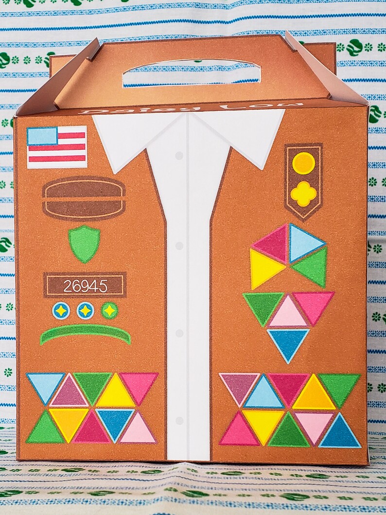 May include: A brown cardboard box with a cut-out handle. The box is decorated with a design of a Girl Scout uniform with a sash, badges, and patches. The text "Daisy Low" is printed on the box. The number "26945" is printed on the box.