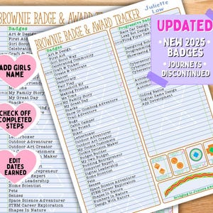 May include: Two Brownie Badge & Award Tracker sheets with a wooden background. The sheets list badges and awards, with checkboxes and areas to add names and dates. Text includes "UPDATED," "NEW 2025 BADGES," and "JOURNEYS DISCONTINUED."