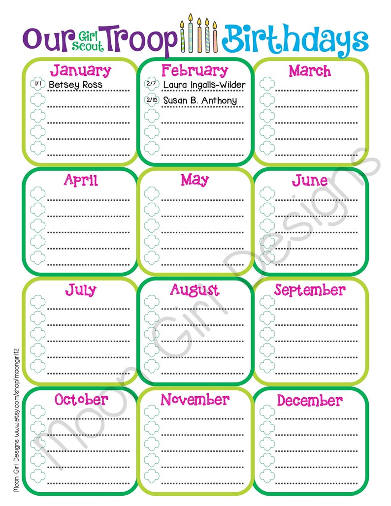 Troop Birthday Calendar Girl Scouts Fillable Customize Edit | Etsy