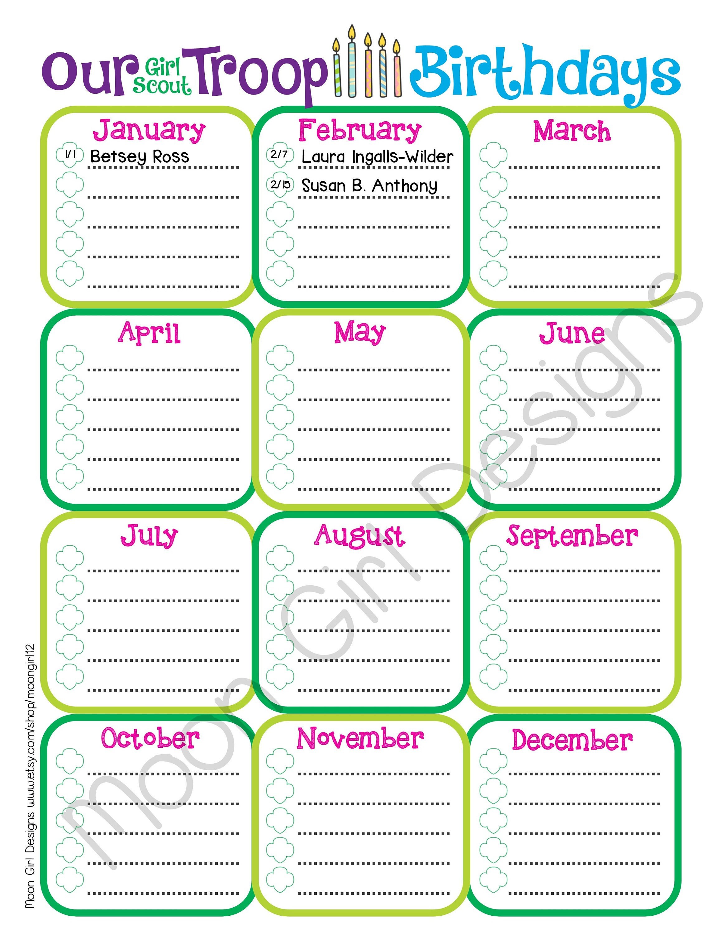Troop Birthday Calendar Girl Scouts Fillable Customize Edit Printable PDF  Template - Etsy