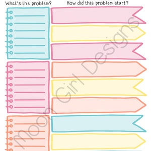 May include: A printable worksheet with the title "Take Action" in green text. The worksheet is divided into two columns, with the headings "What's the problem?" and "How did this problem start?" Each column has three sections with lined spaces for writing. The sections are outlined in different pastel colors.
