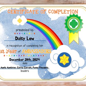 1st Year Ambassador Girl Scout Completion Certificate Fillable Edit Customize Template Printable PDF Download