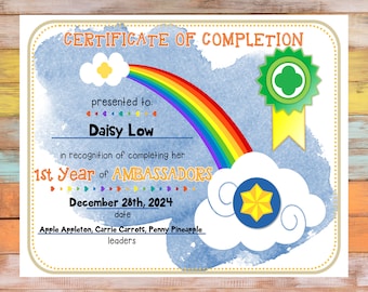 1st Year Ambassador Girl Scout Completion Certificate Fillable Edit Customize Template Printable PDF Download