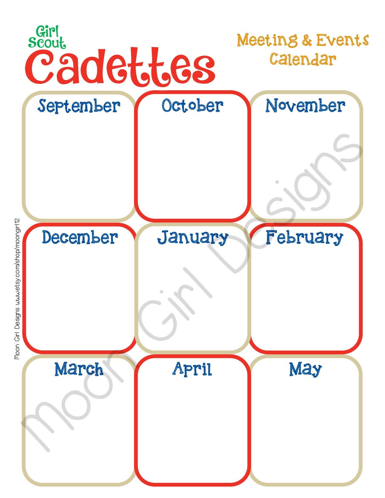 Multi Level Yearly Calendar Daisy/Brownie/Junior Girl Scouts Fillable